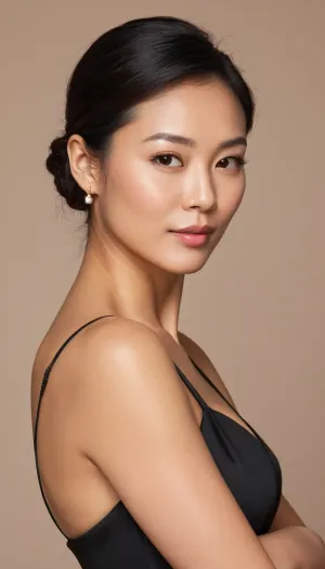 ultra-detailed vertical full-body portrait, the face is the main focus and rendered in ultra-high detail. An elegant mature East Asian woman with Chinese facial features in her mid-forties to early fifties, clearly an adult and middle-aged, not young. Medium-long, slightly narrow face with a subtle angular jawline, not round, not chubby. Warm fair skin with realistic pores and natural skin texture, gentle signs of age such as light forehead lines, soft crow’s feet at the outer corners of the eyes and visible but not harsh nasolabial folds, overall well-maintained and healthy. Natural soft mature makeup, almond-shaped dark brown eyes with subtle double eyelids, slightly upturned outer corners, natural-length curved eyelashes, neat straight dark eyebrows with a soft arch. Straight medium-high nose bridge with a refined small nose tip and narrow nose wings. Medium-full soft lips with nude or soft rose lipstick and slightly upturned corners, a gentle, calm, confident and slightly seductive gaze looking at the camera. Wearing thin metal-frame glasses. Long dark hair in a mature side-parted slightly wavy style, falling over the shoulders and upper back. Height around 178 cm and weight around 65 kg, tall and well-proportioned, long legs, slim but very curvy hourglass figure with a narrow waist and fuller chest and hips, attractive but tasteful curves. Standing in a relaxed S-shaped pose with one leg slightly bent. Wearing a fitted black dress or fitted black blouse with a pencil skirt that follows her curves without being vulgar, with good fabric texture. Vertical full-body composition, her whole body from head to toe fully visible in the frame, feet and shoes clearly shown, not cropped at thighs, knees or ankles, not a distant tiny figure. Warm, soft directional lighting like golden hour, simple blurred background, cinematic photorealistic 8k image, natural symmetrical facial features, realistic photography style.