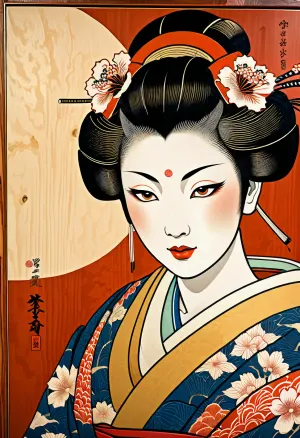 A sexy Japanese geisha woman from Edo, depicted in the ukiyo-e style, on a, (wood panel:1.4), on the bedroom wall of the Shogun's castle, superdetailed image, high quality, masterpiece, traditional japanese, (ukiyo-e style:1.6)