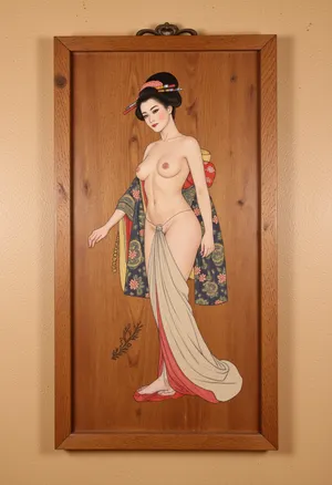 A 17th century, (wooden panel:1.8), with a drawing in traditional Japanese ukiyo-e style, it depicts a {half nude sexy Japanese geisha from Edo}, depicted in the ukiyo-e style, on a, (wood panel:1.4), on the bedroom wall of the Shogun's castle, superdetailed image, high quality, masterpiece, traditional japanese, (ukiyo-e style:1.6)