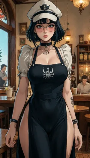 ((Markgavatino style)), reiq style, 1girl, pretty girl, blushing, goth make up, face piercings, nose piercing, tattoo, black long bangs, camel toe, round glasses, white cap, wearing a black apron, big cleavage, at cafe, (big tits:.7), ratatatat74, jtcstyle, <lora:加藤彩style:.9>, <lora:LCMTurboMix_Euler_A_fix:1.2>, <lora:ratatatat74-000050:2>, <lora:EnvyBeautyXL02:1>, <lora:mki-ani31-GenshinPV-v2-000012:1.8>