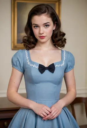 Masterpiece, Adorable cute 18 year old with freckles and lots of pimples, (acne:.8), (pimples:.8), long dark brown hair in 1950’s roller hairstyle, bow in hair, 1950’s dress with hoop skirt, thick eyebrows, thin eyelids, wide lips, upturned upper lip, bending forward, visible downblouse, small breasts, hourglass figure, round hips