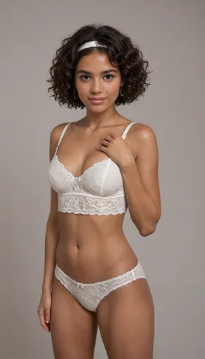 masterpiece, 8k-ultra, 25 years old beautiful woman, latina, (dark skin:1.8), short and round body, smiling happily, blushing, brown hair with wavy bob haircut, white headband, wearing simply white cotton underwear, standing S-Curve model pose, simply background, 4ng3l, face, <lora:SDXL_BetterFaces-LoRA_v1:.8>