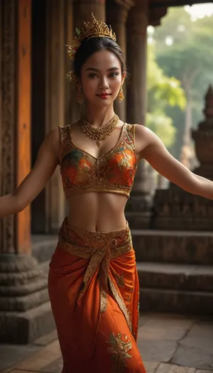A highly detailed, photorealistic scene set in an ancient Thai temple, featuring a beautiful Thai dancer performing an elegant, graceful dance. The dancer wears traditional attire, richly detailed with vibrant colors and intricate patterns. Her face is characterized by gentle, almond-shaped eyes, a smooth, radiant complexion, and delicate cheekbones. She has a soft, inviting smile, and her expression exudes grace and warmth. The temple setting is lush and atmospheric, with ancient stone structures and tropical plants. The dancer’s body and attire are depicted in exquisite detail, and the overall scene captures both sensuality and elegance, (maximum photo quality:1.4), (maximum resolution:1.5), <lora:MJ52:.6>, <lora:hair-over-face-01-000007:.8>