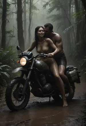 In the lush Thai rainforest, right after a heavy rain, the jungle is vibrant and green, with damp, steaming paths and a mystical atmosphere. A 23-year-old nude Thai woman and a fair-skinned European man with muscular upper body take a break from their muddy adventure on their detailed, two real-life Enduro motorcycles. The scene is filled with lush foliage, with various jungle plants and leaves all around. The ground is muddy, and a gentle mist hangs in the air, creating a magical ambiance. The couple, covered in mud and smiling, enjoy a peaceful moment as they kissing, capturing the joy of their adventurous journey. The motorcycles are also muddy, adding authenticity to the scene, and the entire atmosphere is one of fun and connection, wet, (mud-covered motorcycle:1.3), hvrn, heavy, rain, Black, and, white, art, black, shading, charcoal, toned, brutal, dark, b/w, color, scheme, haze, <lora:Heavy_Rain_XL-000008:.6>, <lora:add-detail-xl:.5>, <lora:Black and white art.V1:.5>, <lora:EnvyHazeSliderXL01:1.1>