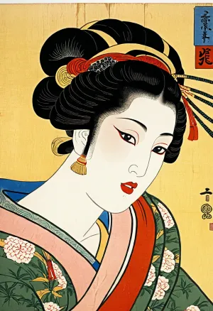 A 17th century, (wooden panel:1.8), (Ukiyo-e woodblock print in Japanese style), (1.2), (detail of a portrait of a woman), (1.3), close-up, woman with black hair gathered in a bundle, (holding a white cloth near her mouth), (1. 1), (red lips), bare chest, modest expression, (soft yellow background), traditional Japanese features, (high quality), detailed work, (fine lines), (watercolor colors), traditional Japanese patterns, (ornamented clothing), artistic, (high resolution), (reproduction of 18th-19th century art), graceful composition, (graceful pose), (((ukiyo-e in the style of Kitagawa Utamaro))), (wood panel:1.4), on the bedroom wall of the Shogun's castle, Kitagawa Utamaro, Courtesan painting, Ukiyo-e, style, by, Hokusai, UtagawaKuniyoshiXL, <lora:UtagawaKuniyoshiXL_v1:.8>