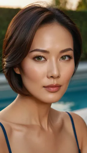 an elegant mature East Asian woman in her late 50s, looks clearly adult and mature but still youthful, oval face with a softly defined jawline, smooth warm fair skin with realistic pores and only very subtle fine lines at the eyes and mouth, healthy glow, natural soft makeup in a stylish mature style, long dark hair with a mature hairstyle, side-parted, slightly wavy and falling over the shoulders, not cute or girlish, almond-shaped brown eyes with subtle double eyelids and slightly upturned outer corners, long curved but natural eyelashes, neat straight dark eyebrows with a gentle arch, straight medium-high nose bridge with a refined small nose tip and narrow nose wings, full soft lips with natural nude or soft rose lipstick and slightly upturned corners, gentle yet confident and a bit seductive gaze looking at the camera, wearing thin metal-frame glasses, warm directional lighting like golden hour, simple blurred background, cinematic highly realistic 8k vertical portrait, symmetrical natural facial features, not old, not low quality, not blurry, not pixelated, not cartoon, not doll-like skin, not plastic skin, not over-smoothed skin, no heavy makeup, no exaggerated big eyes, no distorted face, no extra eyes, no extra nose, no extra mouth. spread legs, close-up camera angle, soft light lighting, photograph style, lingerie, background, pool, hair color blue, green eyes, short hair
