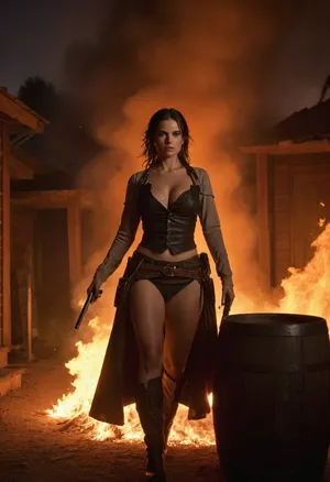 In a dark, gritty frontier town, the female gunslinger takes cover behind a wooden barrel, ready for action. Her half nude outfit is authentic to the era, made of coarse cotton and rugged materials, with irregular straps and no modern leather or lacquer. She holds an old-fashioned revolver, poised to return fire. The town is engulfed in flames and explosions, casting a dramatic, fiery glow over the night. Amidst the smoke and chaos, our heroine exudes both danger and allure, captured in stunning photorealistic detail, <lora:Hell_Constantine_2005_-_Anime:.1>, <lora:Cloudy_Style:.8>, longnips, <lora:longnipsxl:.8>