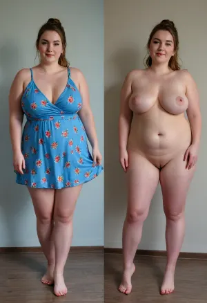 Before and after, an attractive 18-year-old barista, fat, chubby ssbbw, large chest, naturally sagging breasts, pale skin, (round face), (very high forehead), straight light brown hair pulled back in a simple ponytail, (narrow nose), hourglass figure, ((small hoop nose ring:1.1)), thin eyebrows, no makeup, (smirk), firm ass, thick waist, thick thighs, wide hips, thick legs, big tummy, light bush, (in a blue flowery dress, before:1.4), (completely naked after), view from thighs up, <lora:OnoffXL_ExtraCrispy:1>, <lora:style_lora_realis:.8>