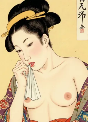 (woodcut woodblock print in the Japanese ukiyo-e style), (on wood panel:1.6), (in the style of Kitagawa Utamaro), depicting, (detailed portrait of a geisha), close-up, Edo period geisha, with black hair gathered in an elaborate hairstyle with a wooden hairpin, (biting down on a white cloth), (red lips), bared breasts, pensive expression, (yellow background), facial features traditional for ukiyo-e style, (high quality), detailed work, (fine lines), traditional Japanese patterns on kimono, (high resolution), graceful composition, (graceful pose), (((ukiyo-e in the style of Kitagawa Utamaro:1.7)))