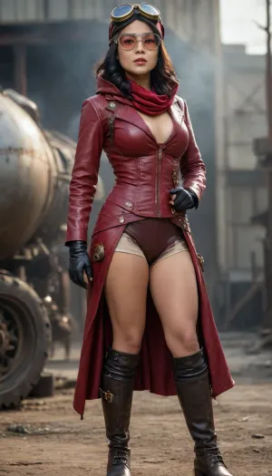 Full body view, An Asian woman, a steampunk aviator, crimson commit 1950s Australian super hero from a post-apocalyptic world, has a hood and aviator goggles and big tits.