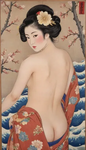 Semi-nude Japanese woman in a sensual pose depicted on a paulownia wood panel in the ukiyo-e style., (Visible texture, vibrant colors, indigo, vermilion, gold, and soft skin tones.), (Half-open kimono with intricate floral patterns and an untied obi.), (Traditional Shimada hairstyle with kanzashi hairpins, serene yet provocative facial expression.), In the background, a landscape of cherry blossoms and waves, using planes of color and sumi brushstrokes in the ukiyo-e style. Lacquer sheen, registration marks, precise details, and an intimate atmosphere. Japanese erotic tradition of ukiyo-e and shunga techniques integrated into authentic wood., Ukiyo-e, Art, <lora:Ukiyo-e Art:2>, <lora:Ukiyo-e:.8>, shirtpull, <lora:shirtpull_SDXL:.8>