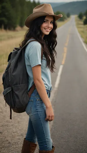 cute 20 year old beautiful smiling hitchhiking girl with long wavy black hair and a rucksack, cowboy hat and boots, standing at the side of a road, the girl looks very worn down and dirty and sweaty