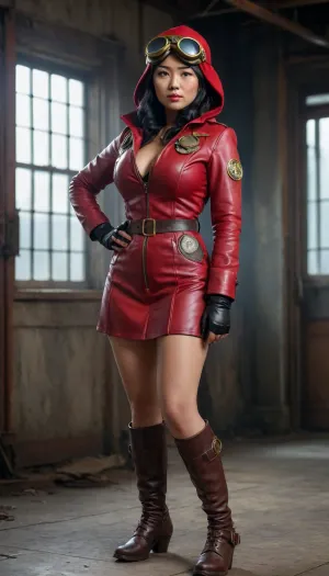 Full body view, An Asian woman, a steampunk aviator, crimson commit 1950s Australian super hero from a post-apocalyptic world, has a hood and aviator goggles and big tits.