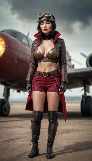 Full body view, An Asian woman, a steampunk aviator, crimson commit 1950s Australian super hero from a post-apocalyptic world, has a hood and aviator goggles and big tits.