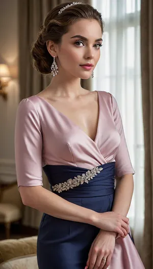 The woman stands confidently, posed with one hand lifted gracefully near her collar and the other resting along the side of her flowing skirt. She has a warm, expressive face with smooth, even-toned skin and softly defined features. Her eyes are large and well-shaped, framed by carefully applied makeup—subtle eyeliner, blended shadow, and full lashes that give her gaze a polished look. Her eyebrows are neatly groomed, shaped with a gentle arch that enhances her overall expression.

Her lips are full and finished with a natural, medium-pink lipstick that complements her complexion. She wears her hair styled in an elegant updo, swept back smoothly with soft volume at the crown, allowing her face and neckline to remain the focal points. A few delicate highlights create depth and dimension in the hair color. She wears small, tasteful drop earrings, adding a final accent of sophistication.

Her posture is poised and upright, giving her a sense of presence and confidence. The dress she wears—deep navy satin with a structured bodice, wrap-style neckline, three-quarter sleeves, and a voluminous high-low skirt—enhances her silhouette beautifully. The tied sash at the waist draws attention to her midline, while the flowing skirt cascades around her in soft, dramatic folds.

Her hands are manicured, with nails shaped neatly and painted in a subtle, natural shade. She stands in a pair of open-toe heels embellished with rhinestone detailing, which add sparkle and elevate the formal elegance of the look. Her feet are positioned slightly apart in a steady, balanced stance that further emphasizes her confident presence.

Overall, she appears composed, elegant, and self-assured, presented with meticulous attention to styling and detail.