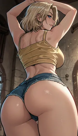 ((Melkor mancin meet markgavatino style)), reiq style, from below view, close up, (busty giant breasts, hyper round bubble butt), (sexy pose with arms up), back view, gorgeous, straight hair, bimbo body, yellow crop top, short jeans shorts, blonde hair, smirk, ratatatat74, hiro, style, monochrome, <lora:LCMTurboMix_Euler_A_fix:1.1>, <lora:EnvyBeautyXL02:1.9>, <lora:ratatatat74-000050:1.5>, <lora:mk_Bp Anime_xl:1.7>, <lora:hiro（aw）_XL:1.8>