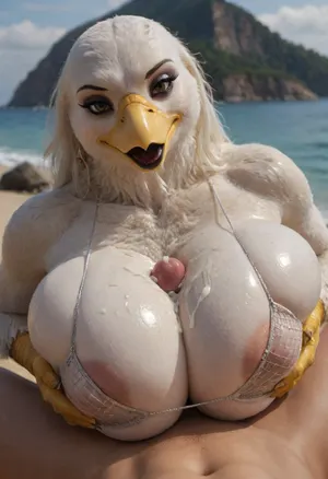 (), ((avian female, bald eagle, makeup, thick lips, black lips)), 5 fingers, anthro, anthrofied, white feathers, (Firm and rounded breast, enormous huge breasts:1.2), beach, Fishnet micro bikini, black beak, avian, breasts, open legs, (glossy glistening body, shiny feathers:1.2), big thighs, busty body, ((titjob, male love, faceless male, cum, front view)), (((furry art, furry woman))), <lora:add-detail-xl:1.5>