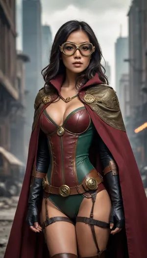 Asian woman, steampunk DC comics Robin, from a post-apocalyptic world, has a long cape, a mask, aviator goggles, and big tits.