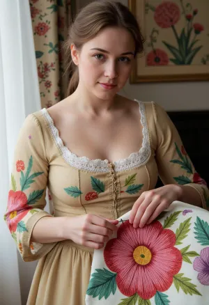 Photorealism, photorealistic, realistic, {36-year-old woman from the 19th century, dressed in a dress of that era, (embroidering a towel), (double exposure), (picture within a picture), with bright patterns, (bright, voluminous three-dimensional flowers), consisting of multicolored threads, in the process of embroidering with a needle, (holding a thin needle with embroidery thread in her hand), making a stitch on a towel, }, highly detailed, ultra-realistic, cinematic lighting, 8K