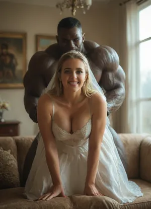 Cinematic, masterpiece, bright light, white room, ultra realistic, Gorgeous chubby blonde milf, leaning forward, on couch, wedding dress with veil and lifted skirt, bimbo, long hair, deep penetration, smiling orgasm, front view, bent forward, (((mega muscular African brute))), 8k quality, interracial, fit body, slim chubby body, scared, grungy, indoors, bedroom, bed, red, curtains, picture, frame, white, wall, chandelier, sheet, pale, skin, <lora:MJ52:.5>, <lora:M05_Intensify:.8>, <lora:Grungy_Picture_SDXL_V1:.8>, <lora:gyakutaiojisan_bed_AB_XL:.8>, <lora:Pale_Skin_SDXL_v1.0:.8>