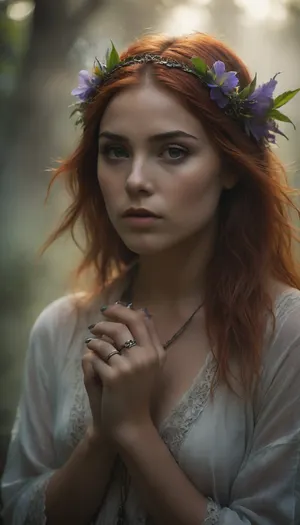A close-up portrait of a stunning 22-year-old hippie woman, featuring extremely detailed skin texture and vibrant, wide-open green eyes with intricate irises. Her red hair catches the sunlight, and she wears a headband that complements her bohemian style. She also adorns her fingers with rings and has perfectly manicured nails. In her hand, she gently holds a colorful tropical flower, its petals wide open, and she inhales its fragrance, creating a magical, serene moment. The background is softly blurred with vibrant colors, and the lighting is warm, soft, yet rich in contrast, highlighting every detail of her face and the flower, photorealistic setting, and full of joy, the atmosphere is adventurous, tension, and teasing intimacy, Black, and, white, art, black, shading, charcoal, toned, brutal, dark, b/w, color, scheme, haze, misty, lagoon, mist, dusk, cloudy, smoke, atmospheric, clouds, fog, <lora:Black and white art.V1:.5>, <lora:EnvyHazeSliderXL01:2>, <lora:BIXL_Beautiful_Nature_Twilight_001:1.1>, <lora:Cloudy_Style:.8>, <lora:Aether_Ghost_v1.1_LoRA:2>