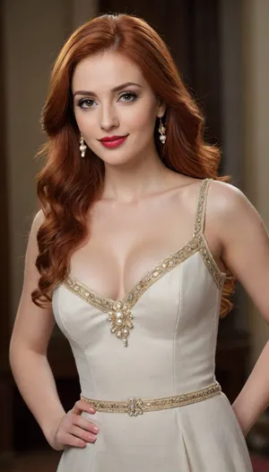 redhead Roksolana Sultan from the Ottoman Empire 35 years old has expressive, clear facial features with strong, copper-red hair, moderately tall, clean. Cheekbones are emphasized. The chin is rounded, proportional. The nose is medium length, straight, The eyes are slightly elongated, wide-set. The eyebrows are thin, long, natural line, with a calm, cold and intellectual look.
Medium-full lips are emphasized with red lipstick. The smile is restrained.
Light skin with a noticeable light tone. Not full and not thin. Proportionate, with an emphasis on a slender back and a slight roundness of the hips. "Slender, but not fragile." voluminous natural breasts of the fifth size, perfectly round with strong fullness of the upper pole, the breasts are tightly pressed to each other and overflow through the cups.
Clothing, bright Ottoman dress with neckline, (linen gold), high crown with pearls, jewelry in the form of roses or double pearls