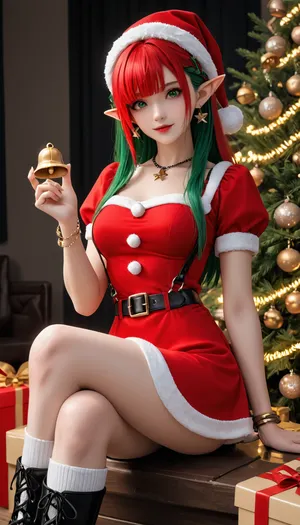 Christmas Theme, solo, green eyes, 40 years old, santa hat, holding lights, happy, two tone hair, red hair, green hair, long hair, bangs, hair_ornament, puffy_sleeves, shirt, short_sleeves, suspenders, vfxfriday, cottagepunk, rtx, studio anime, amazing detail, ultra sharp, norwegian christmas, holidayxl style, Red, santa, dress, with, a, white, fur, trim, red, hat, Green, christmas, elf, green, black, belt, gold, buckle, knee, high, boots, White, thigh, socks, bell, bracelet, necklace, earrings, <lora:Anime_Style_Christmas_Dresses_Santa_Dress__Elf_Dress:.8>