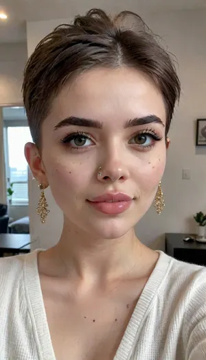 (((high fade))), (((cute))), 25 yo, 1girl, cute girl, looking_at_viewer, short_hair, earrings, bmbplora, <lora:cute_girls_xl_v1:.6>, <lora:bimboxl_02:1.4>