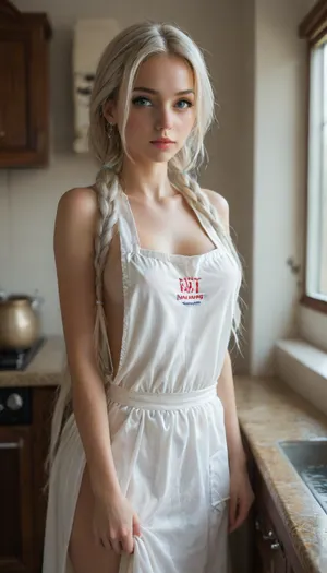 a woman over 28 years old, (Incredibly beautiful girl), (perfect body), (skinny:1.2), (bright white hair), ((bright blue eyes)), ((long straight hair)), (two pigtails:1.4), j0i, woman, large, breasts, big, boobs, huge, tits, wearing, edgApron, sexy, apron, <lora:Joi from BR2049 j0i woman SDXL damocles_aaa:2>, <lora:style_lora_realis:.8>, <lora:bombshell_v2:.8>, <lora:edgApronXL:.8>