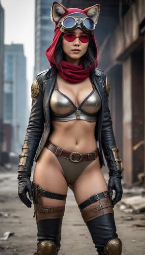 Full body view, An Asian woman, a steampunk aviator, DC Comics' Crimson Fox, from a post-apocalyptic world, has a hood and aviator goggles and big tits.