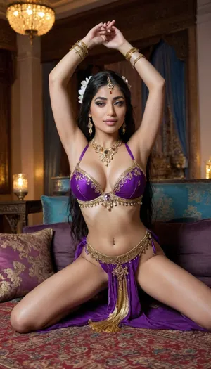 ((full body view)), Indian bride in Arabian belly dancer costume in a harem, hands above her head, Seated around her an audience lounges on plush cushions sipping mint tea and indulging in sweet dates and nuts, royal purple Arabian clothes, lots of bracelets, jewelry, frills, armlets, gold chains, revealing clothes, blonde hair, dancing in spotlight, Persian setting of a luxurious harem, sai, Jasmine, rashmika, apsaraclothing-style, dark skin, Arabian Belly dancer, Transparent bra, large breasts, bmbplora, <lora:bimboxl_02:1.3>