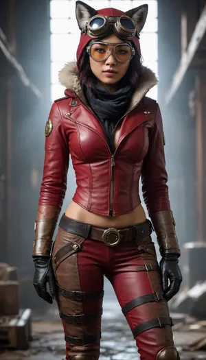 Full body view, An Asian woman, a steampunk aviator, DC Comics' Crimson Fox, from a post-apocalyptic world, has a hood and aviator goggles and big tits.