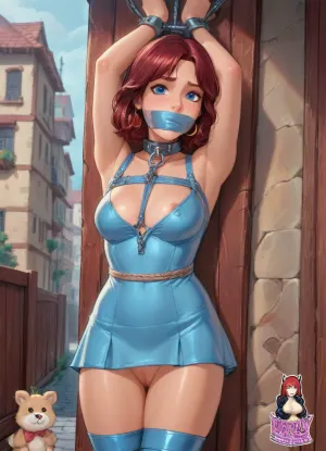 (reiq style), 23 year old brunette girl, deeply tanned, extremely short mini dress unbuttoned in the front showing her tits, on an empty street in a German town, dark blue eyes, shaved pussy underneath, raining day, iron slave collar, bondage, bdsm, rope, black, tape, gag, (bondage:1.8), <lora:AshMilkshake_Illustrious_v1:1.1>, <lora:cartoon_stickers_xl_v1:.8>, <lora:ratatatat74-000050:1.3>, <lora:add-detail-xl:2>, <lora:princess_xl_v2:.8>