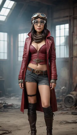 Full body view, An Asian woman, a steampunk aviator, crimson commit, from a post-apocalyptic world, has a hood and aviator goggles and big tits.