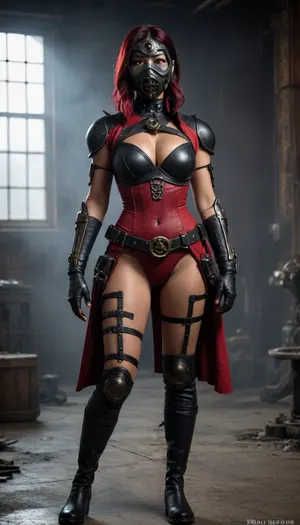 The DARK NEBULA, Full body view, An Asian woman, a steampunk, (((Crimson and black consume))), Australian superhero, Asian Woman, big tits, full face marks, Full body view. from a post-apocalyptic world, has a full-face mask, and big tits.