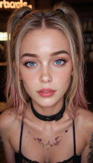 female, cinematic still view, 25 years old, gradient blonde to pink hair, bar, medium length hair, twin tails, blue eyes, tattoos, neck tattoo, arm tattoos, freckles, makeup, red lipstick, perfect skin, long eyelashes, close-up, looking at viewer, neon lights, full body, medium round breast, topless, narrow waist, hairy pussy, long legs, fit body, black garter belt, pink nylon fishnets, high detailed, happy, 4ng3l, (with, blushing, cheeks:1), supermodel, face, big, lips, raw, lighting, overexposed, harsh, flash, <lora:Beautify-Supermodel-SDXL:.9>, <lora:Rawfully Stylish v0.2_epoch_20:1.4>
