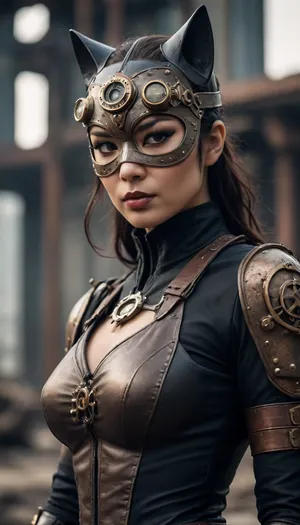 Asian steampunk Catwoman, from a post-apocalyptic world, and mask.