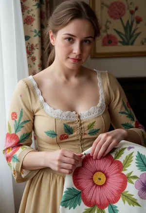 Photorealism, photorealistic, realistic, {36-year-old woman from the 19th century, dressed in a dress of that era, (embroidering a towel), (double exposure), (picture within a picture), with bright patterns, (bright, voluminous three-dimensional flowers), consisting of multicolored threads, in the process of embroidering with a needle, (holding a thin needle with embroidery thread in her hand), making a stitch on a towel, }, highly detailed, ultra-realistic, cinematic lighting, 8K