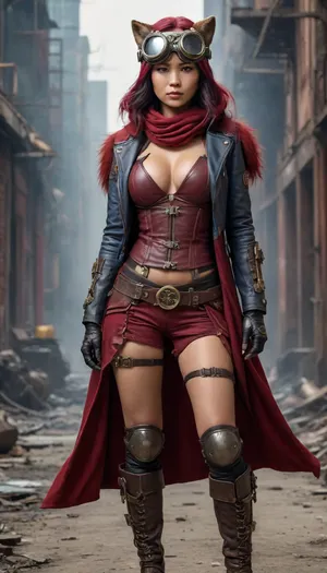 Full body view, An Asian woman, a steampunk aviator, DC Comics' Crimson Fox, from a post-apocalyptic world, has a hood and aviator goggles and big tits.