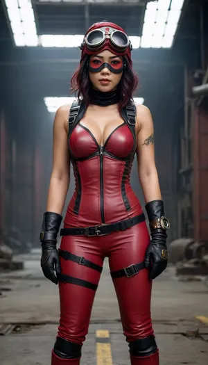 The DARK NEBULA, Full body view, An Asian woman, a steampunk aviator, (((Crimson and black consume))), Australian superhero, Asian Woman, big tits, full face marks, Full body view. from a post-apocalyptic world, has a full-face mask, aviator goggles and big tits.