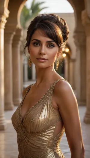 Masterpiece, glamorous 45-year-old Arab woman, (dark olive skin), with a beautifully styled beehive and soft bangs, wearing an opulent gold 1920s-inspired beaded evening gown. She stands in a breathtaking desert oasis hotel courtyard that feels almost otherworldly in its tranquility. Her entire presence radiates pure bliss—an overwhelming sense of peace, love, and emotional healing. Her eyes shimmer with joyous relief, as though every burden she has ever carried has lifted, she is finally safe, cherished, and wholly embraced by the people she loves. Warm golden light wraps around her like a blessing, reflecting in shimmering pools and dancing across marble archways and intricate lanterns. Lush palms sway gently in a tender breeze, filling the air with serenity. The atmosphere glows with love, triumph, deep emotional fulfillment, and a profound sense of arrival. Cinematic, luminous, ultra-detailed, soft bokeh, rich textures, dreamlike warmth, view focusing on woman face and upper body