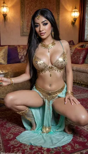 ((full body view)), Indian bride in Arabian belly dancer costume in a harem, voluptuous body, hands grabbing breasts, Seated around her an audience lounges on plush cushions sipping mint tea and indulging in sweet dates and nuts, multi-colored Arabian clothes, topless, lots of bracelets, jewelry, frills, armlets, gold chains, revealing clothes, blonde hair, Persian setting of a luxurious harem, sai, Jasmine, rashmika, apsaraclothing-style, Arabian Belly dancer, bmbplora, dark, skin, <lora:bimboxl_02:1.8>, <lora:Darker_skin_SDXL:1.8>