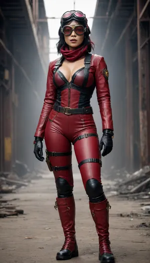 The DARK NEBULA, Full body view, An Asian woman, a steampunk aviator, (((Crimson and black consume))), Australian superhero, Asian Woman, big tits, full face marks, Full body view. from a post-apocalyptic world, has a full-face mask, aviator goggles and big tits.