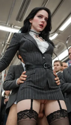(Yennefer), college woman, ((young woman:1.7), (youthful face:1.3), (petite:1.3), short, slim, slender), (tiny breasts), (deep anal sex:1.2), penis, testicles, (standing), stockings, (standing sex), (no panties), (eye contact), (looking at viewer), (grabbing her from behind), (close up), wicked, (pinstripe suit jacket), (no skirt), (bottomless), (public sex), (sex in the crowd), clothed man, (front view), (grabbing from behind), (sex in a metro train), (train full of people), (crowd), view from below, (pussy close up), (back is arched), (holding on to the handrails), (surprised)