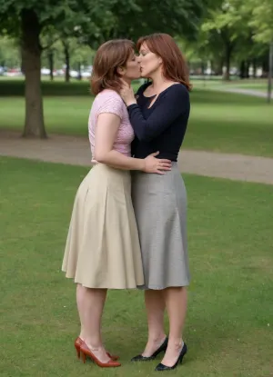 masterpiece, best quality, two very attractive, (curvaceous), (middle aged:1.6), married wives with, ((big natural tits)), standing in a public park, (passionately kissing each other:1.4), (one hand under the hem of the skirt:1.6), french, kiss, <lora:french_kiss_xl_v1:1.4>