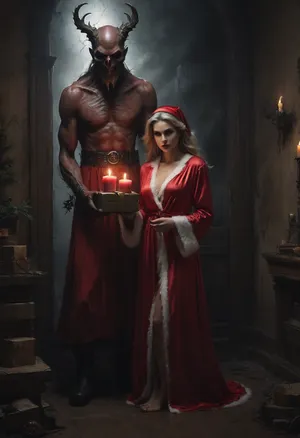 (a 22 years old sexy woman in a short satin nightgown:1.2), (stands with skinny figure frozen in terror in front of a demonic Santa Claus:1.2), (perfect demonic Santa Claus:1.7), her expression one of pure fear, in a crumbling, dystopian baroque palace, the air is thick with an unsettling gloom. In the midst of this desolation, (a demonic Santa Claus has gift packages for her:1.5), his green glowing eyes piercing the darkness, and his monstrous form casting a sinister presence, Scattered around the room, broken gifts lie abandoned, their wrapping torn and faded. An old Christmas tree stands in a corner, its needles largely fallen, leaving behind skeletal branches adorned with cracked ornaments. The dim glow of candles flickers, casting long, eerie shadows across the decaying walls. The entire scene is bathed in a gloomy, oppressive atmosphere, where every festive element is warped and broken, creating a chilling, nightmarish holiday scene, (ziprealism:1.3), sunshine, ultra-sharp details, realistic skin texture, refined contrast, 8k detail, authentic facial expression, clean composition, (maximum photo quality:1.4), (maximum resolution:1.5), longnips, Black, and, white, art, black, shading, charcoal, toned, brutal, dark, b/w, color, scheme, <lora:Cloudy_Style:.8>, <lora:Black and white art.V1:.8>, <lora:Italian_girl:.8>