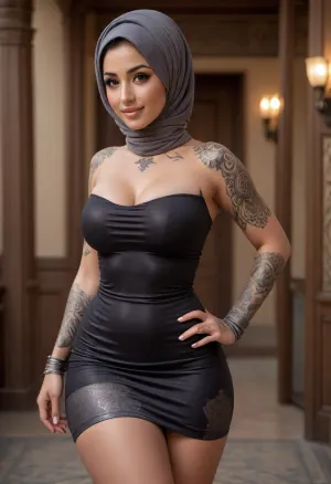 ((1 pretty Arab girl, 18 years old)), tight slim dress, brown eyes, black hair, ((pretty girl:1.9)), (detailed background:1.4), curvy body, ((high detail skin)), 8k uhd, dslr, high quality, detailed skin texture, (high detail hair), taned body, fat ass, highly detailed body, (realistic), ((tattoo:1.6)), soft focus, insanely detailed, top quality, (skin pores, skin imperfections), (Islamic temple:1.4), seductive, cute, sexy legs, high resolution photo with Canon camera, (seductive eyes), (flirty smile:1.1), full length photo, hijabdress, (velvet hijabdress:1.3), shows face, beautiful, edgpdress, pencil, dress, check, tips, for, more, big breast, ZH_BRamos, Curvy, body, huge, ass, breasts, big, hips, narrow, waist, <lora:b8174d41-8ba7-4318-bc14-53ee7e353d91.TA_trained:.8>, <lora:BodyLicious:.8>