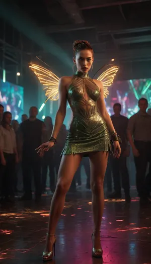 A striking female secret agent stands as the unmistakable focal point amid a wild, cyberpunk rave in a dystopian megacity nightclub. The chaotic crowd thrashes around her—cyber-enhanced dancers, masked ravers, neon-painted rebels, and augmented mercenaries lost in the frenzy of pounding bass and strobing lasers. Vibrant holograms glitch above the dance floor, spraying neon shards through the air, while malfunctioning LED walls flicker violently. The atmosphere is explosive—riot-level energy, bodies in constant motion, electric haze, and fractured neon illuminating everything.

Yet she remains the dominant subject, sharply in focus and glowing with a powerful, commanding presence.

Her outfit is a dazzling high-tech spectacle, a champagne high-neck top and sage-green skirt woven from unstable nanofiber threads that erupt with intense, surreal bursts of prismatic light. The corrupted-circuit patterns across the fabric pulse like a living data stream, casting razor-sharp flares that slice through the darkness. Her metallic gold micro-thruster heels spark with light as she moves. Butterfly earrings and a long pearl necklace glow with encrypted surveillance holograms—covert spy tech disguised as fashion. Her hair is in a sleek tactical updo, and her bold red lips stand out against her controlled, vigilant expression.

The rave around her spirals into pure mayhem—strobe bursts, laser nets cutting through haze, drones scanning the crowd, dancers vaulting off broken platforms, sparks raining from collapsing holo-projectors. Despite the chaos, she dominates the frame, her radiant, chaotic light carving out a visual bubble around her. She is the calm, deadly center of a storm of cyberpunk madness—an operative on the edge of confrontation in a world losing control