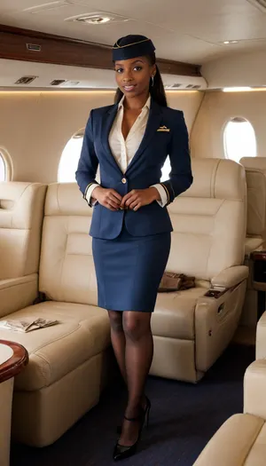 (masterpiece, best quality, photorealistic, ultra-detailed), 1girl, dark african beauty, 20 y.o., kenia, ((dark skinned), brown eyes, long black hair in tight bun, elegant slim body, wearing navy blue airline uniform, unbuttoned open blazer with gold trim expose tits, knee-length pencil skirt, tits 75d, red slk scarf, (navy pillbox hat), (black pantyhose), black high heels, standing with hands folded in luxury private jet cabin, leather seats and champagne tray behind her, soft window light illuminating polished interior, neutral polite expression, cinematic lighting on glossy fabric, airline service catalog quality, <lora:add-detail-xl:1.2>)