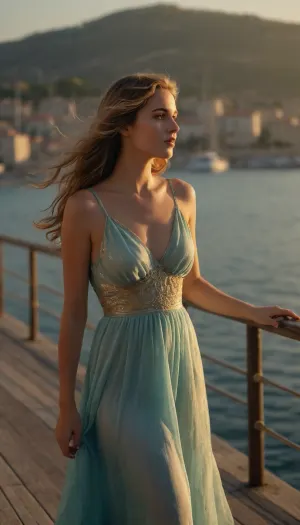 beautiful girl, long, wavy hair shimmering in shades of gold and azure, in light dress billowing in the wind, standing on the pier, admiring the beauty of the world around her and dreaming, early morning in the port of Antibes, serene harbor bathed in the soft light of the rising sun, old yachts sway on the waves, gentle breeze carries the scents of the sea and fresh pastries, atmosphere of morning tranquility, romance